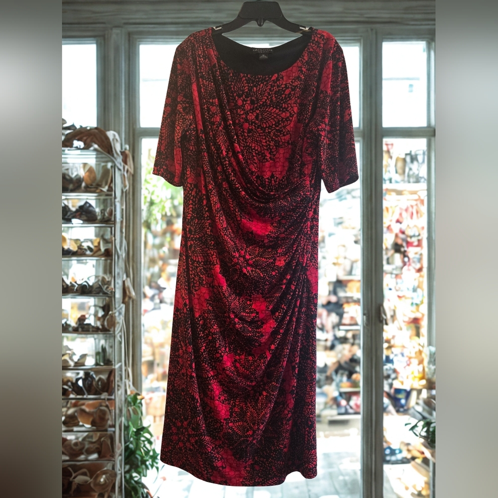 Connected Apparel Black and Red Patterned Midi Dress